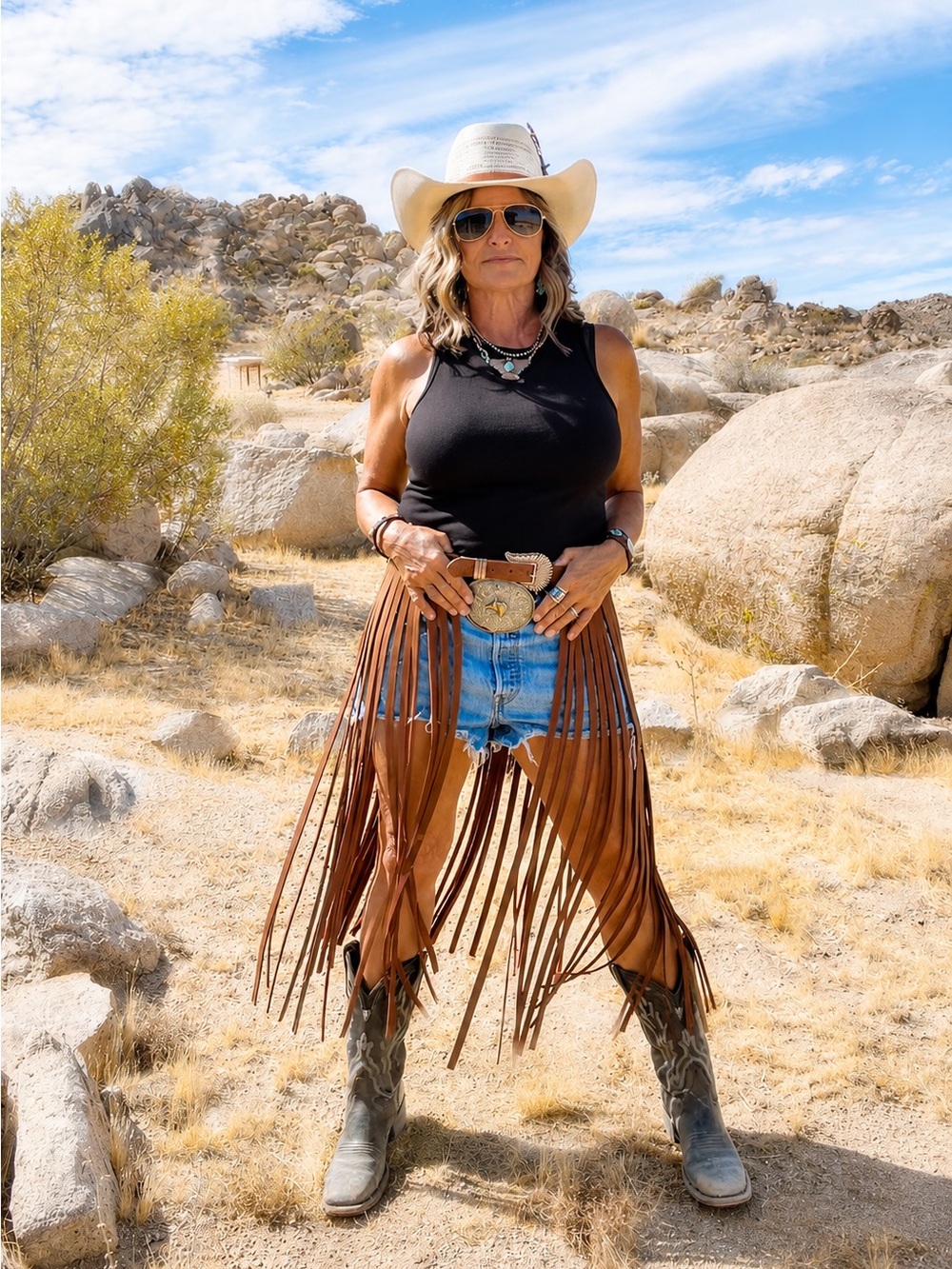 The Badlands Brown Long Fringe Leather Skirt Handmade by Dirty Mojave Leather